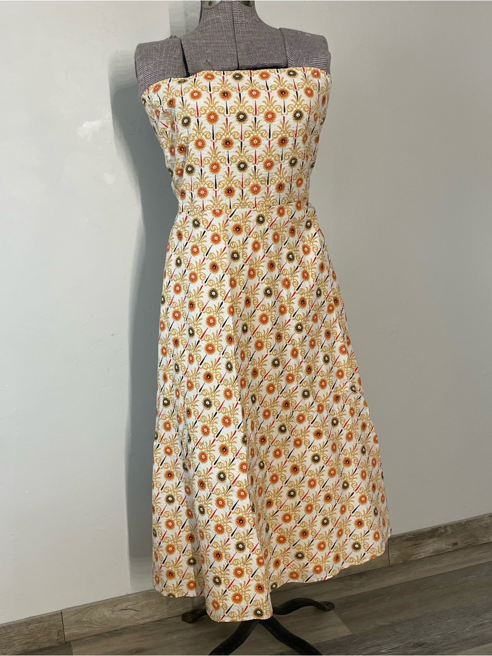 J. Crew Strapless Floral Midi Dress in Cream, Orange and Olive
